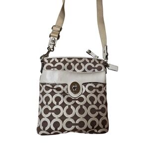 Coach Signature C Monogram Crossbody Bag Brown White Leather Trim Turnlock